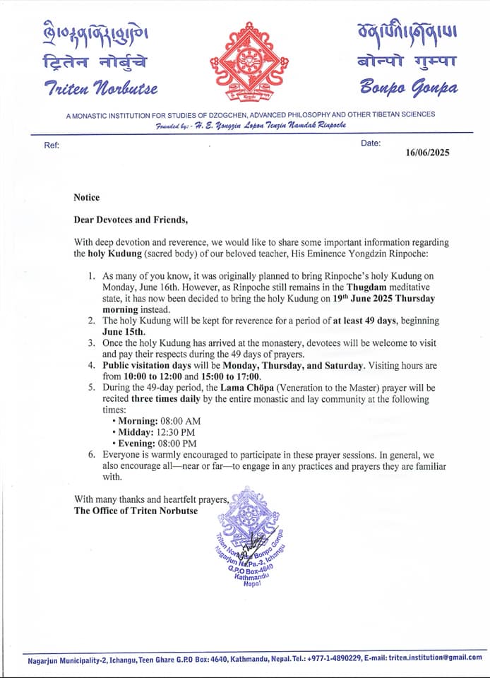 Comunicado Oficial del Monasterio Triten Norbutse acerca del Sagrado Kudung de Tenzin Namdak
